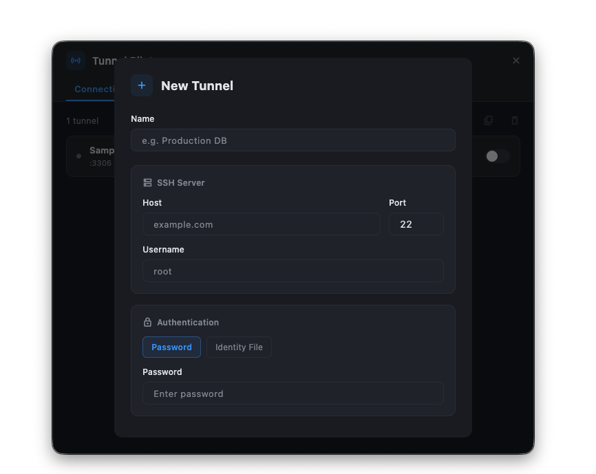 Add new SSH local port forwarding tunnel configuration dialog