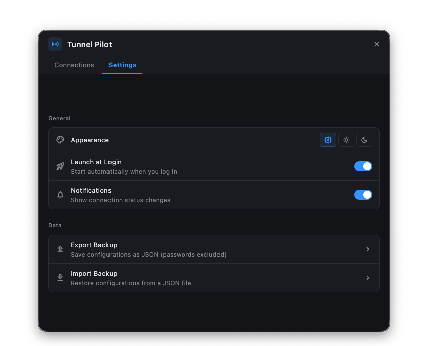 Tunnel Pilot settings panel with theme, notifications, and backup options