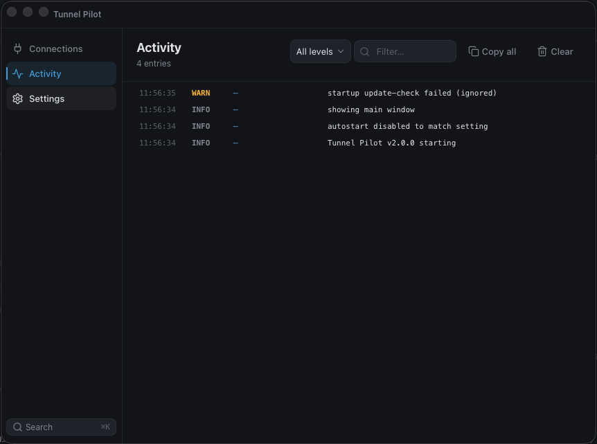Tunnel Pilot's Activity log: timestamped entries with level tags (WARN, INFO), a level filter, a search field, and Copy all and Clear actions.