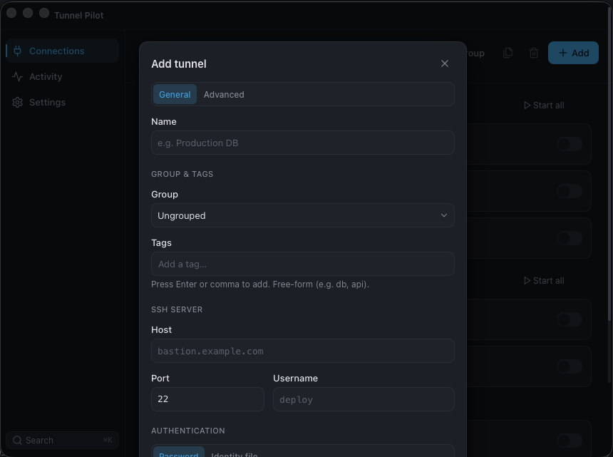 Tunnel Pilot's Add tunnel dialog with General and Advanced tabs: a Name field, a Group & Tags section (Group set to Ungrouped, a free-form Tags field), and an SSH Server section with Host (bastion.example.com), Port 22, Username, and Password / Identity file authentication.