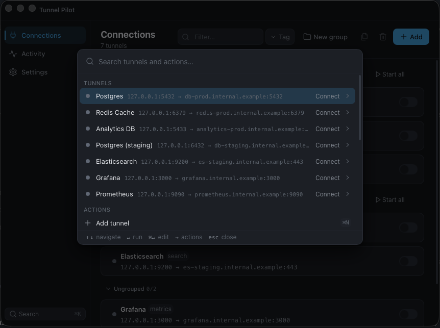 Tunnel Pilot's ⌘K command palette open over the Connections window: a 'Search tunnels and actions' field, a TUNNELS list where each tunnel shows its 127.0.0.1 route and a Connect action, an ACTIONS section with 'Add tunnel ⌘N', and a footer of keyboard hints — navigate, run, edit, actions, esc close.